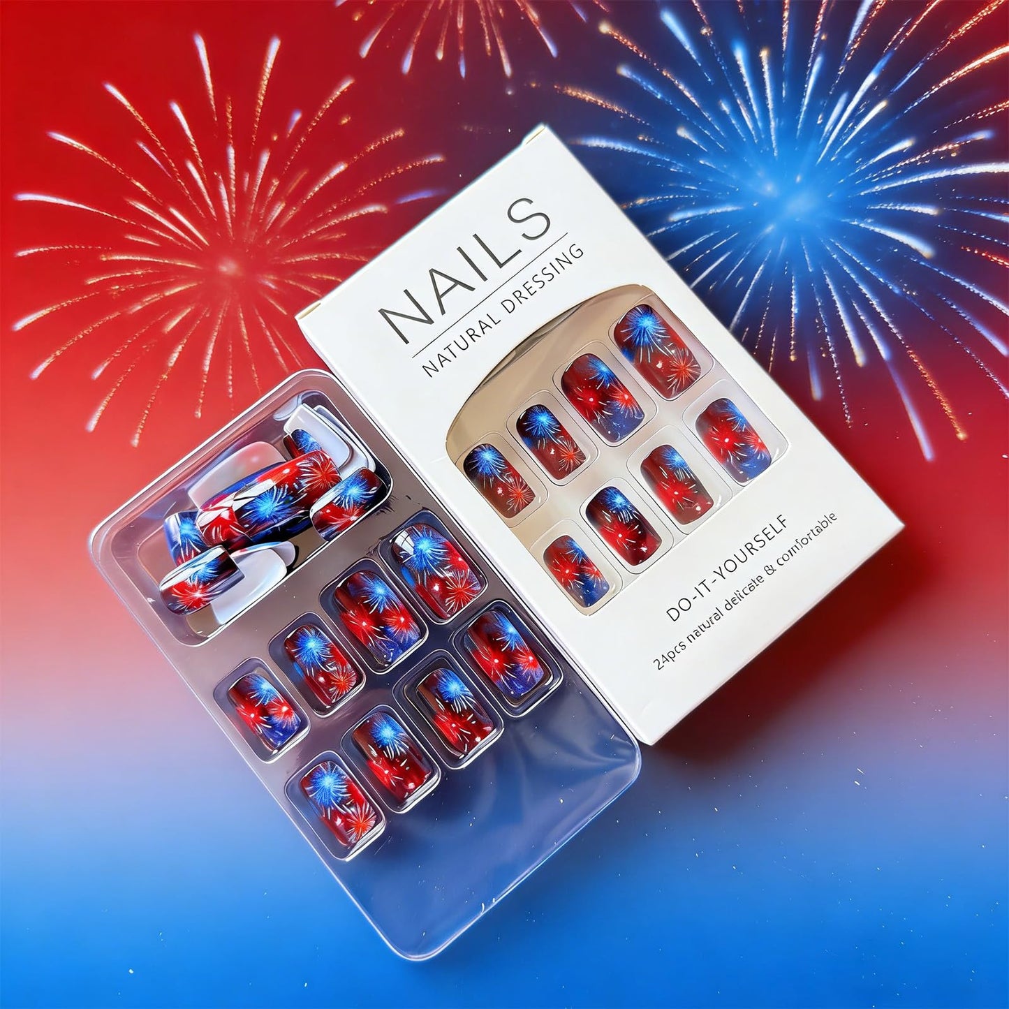 Firework Press on Nails Medium Square Fake Nails with Red Blue Fireworks Design Independence Day Artificial Nails Reusable Full Cover Glossy Stick on Nail for New Year Celebration24Pcs