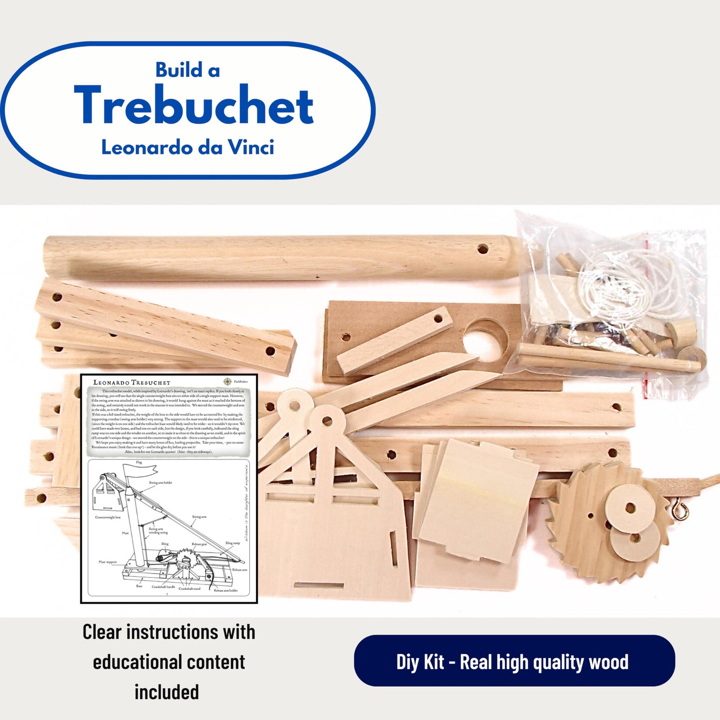 PATHFINDERS Leonardo da Vinci Trebuchet STEM Kit – Build Your Own Medieval Siege Engine – Educational Wooden Model for Teens & Adults, DIY Engineering Project, Science Experiment Gift