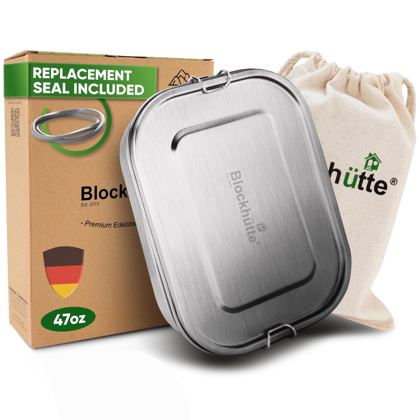 Blockhütte Stainless Steel Lunch Box for Adults I 47oz I Bento Box 3 Compartments with free Sealing, Leak-Proof Container, Metal Lunchbox for Travel, Work, Eco-Friendly Meal Storage Solution