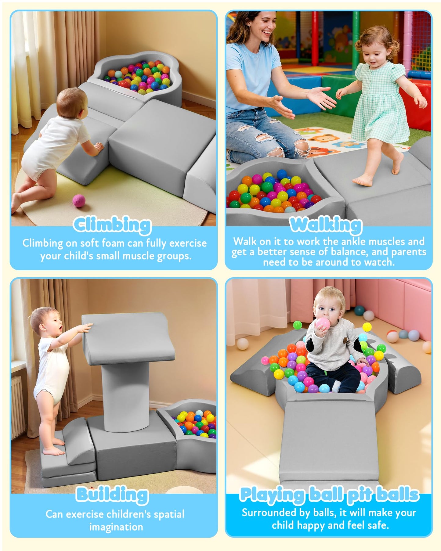 Markdang Soft Play Set, Baby Foam Climbing Blocks with Anti-Slip Particles Bottom & Velcro Connectors for Toddlers 6-12 Months, High-Density Foam & Washable Cover for Motor Skills Development (Grey)