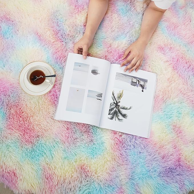 yulidayang Rainbow Fluffy Round Area Rugs for Bedroom,3Ft Shag Circle Area Rugs for Girls Room,Non Slip Fuzzy Plush Rug for Kids Room Living Room and Dorm Home Decor Rug