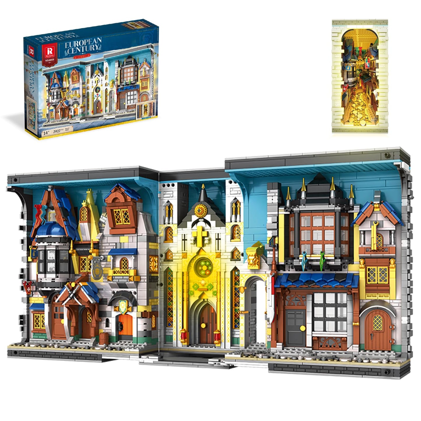 Reobrix Medieval Architecture Book Nook Building Set with Lights, European Century Street View Bookshelf Insert Decor, Bookshelf Diorama Building Blocks Kit, DIY Miniature House Model Kit