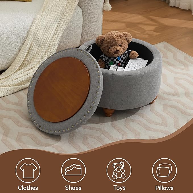 24Inch Round Storage Ottoman with Tray, Modern Tufted Fabric Circle Coffee Table with Storage, Upholstered Ottoman with Removable Top for Living Room, Bedroom, Light Grey