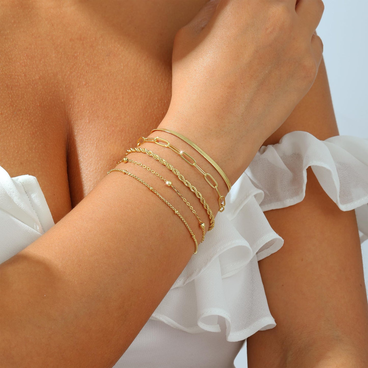 VIROMY Gold Bracelets for Women Waterproof,14K Gold Plated Layered Stackable Bracelet Adjustable Size Jewelry Sets Gifts 5PCS