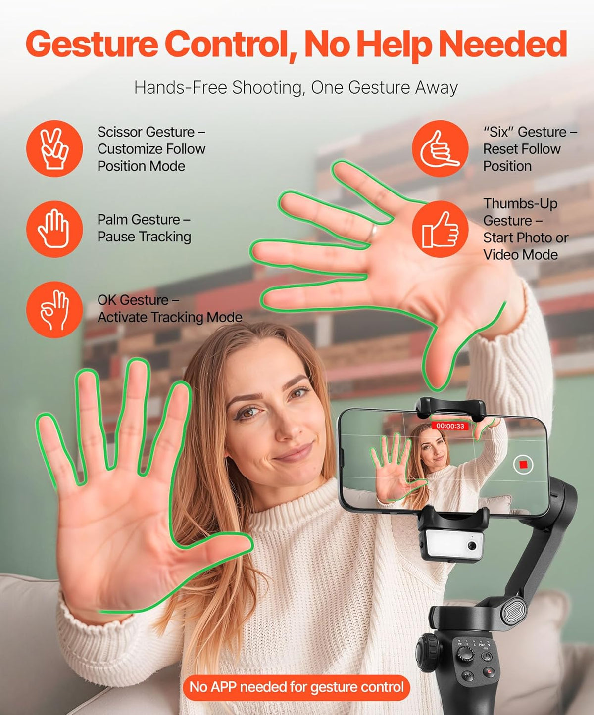VEVOR Gimbal Stabilizer for Smartphone, 3-Axis Stabilization, AI-Powered Phone Gimbal for Android iPhone with Fill Light, Tripod, Auto Tracking, Portable Foldable Phone Stabilizer for Video Recording