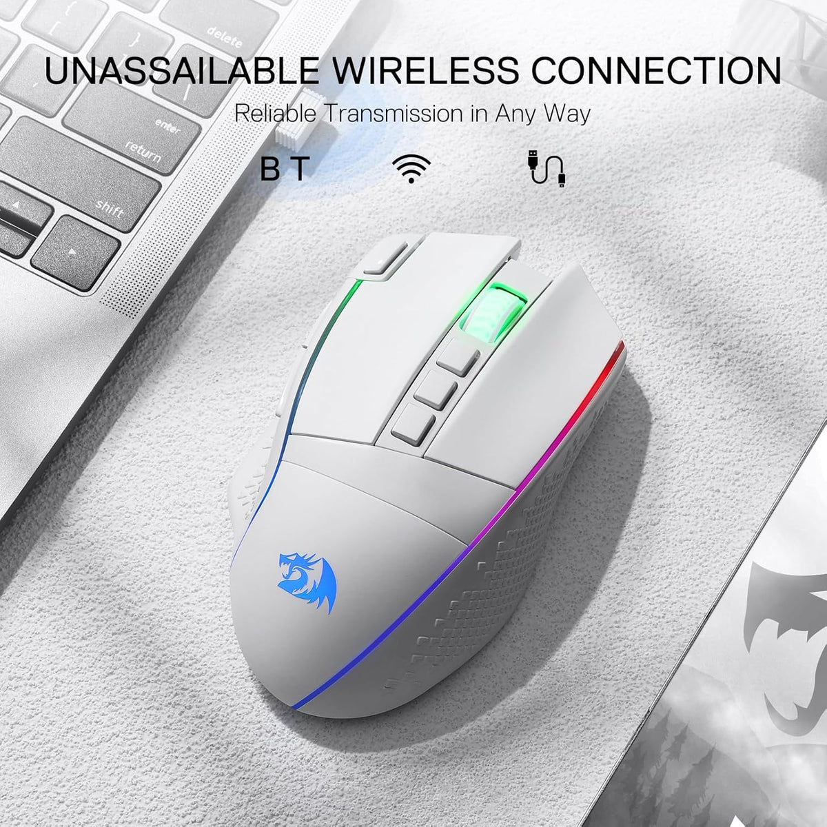 Redragon M991 Wireless Gaming Mouse, 26000 DPI 3-Mode Gamer Mice w/Rapid Fire Key, 9 Macro Buttons, Powerful Capacity and RGB Backlight for PC/Mac/Laptop, White
