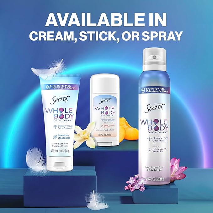 Secret Whole Body Deodorant For Women Stick, Spray & Cream Regimen Pack, Peach & Vanilla Scent, Aluminum Free Deodorant, 72 HR Odor Protection, 2.4 oz. 3 oz, 3.5 oz