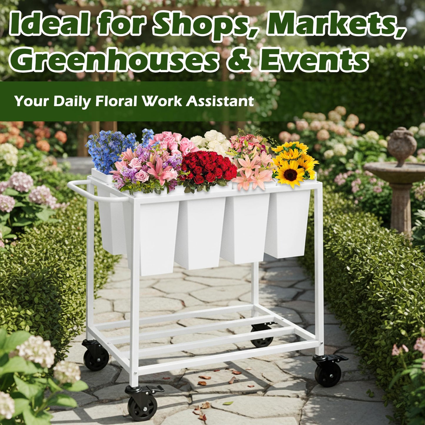 Verssure Flower Cart with 8 Buckets,Flower Cart Display Stand with Wheels,Bloom Bar,Flowers Stand for Wedding ,Party and Home Decor (White)