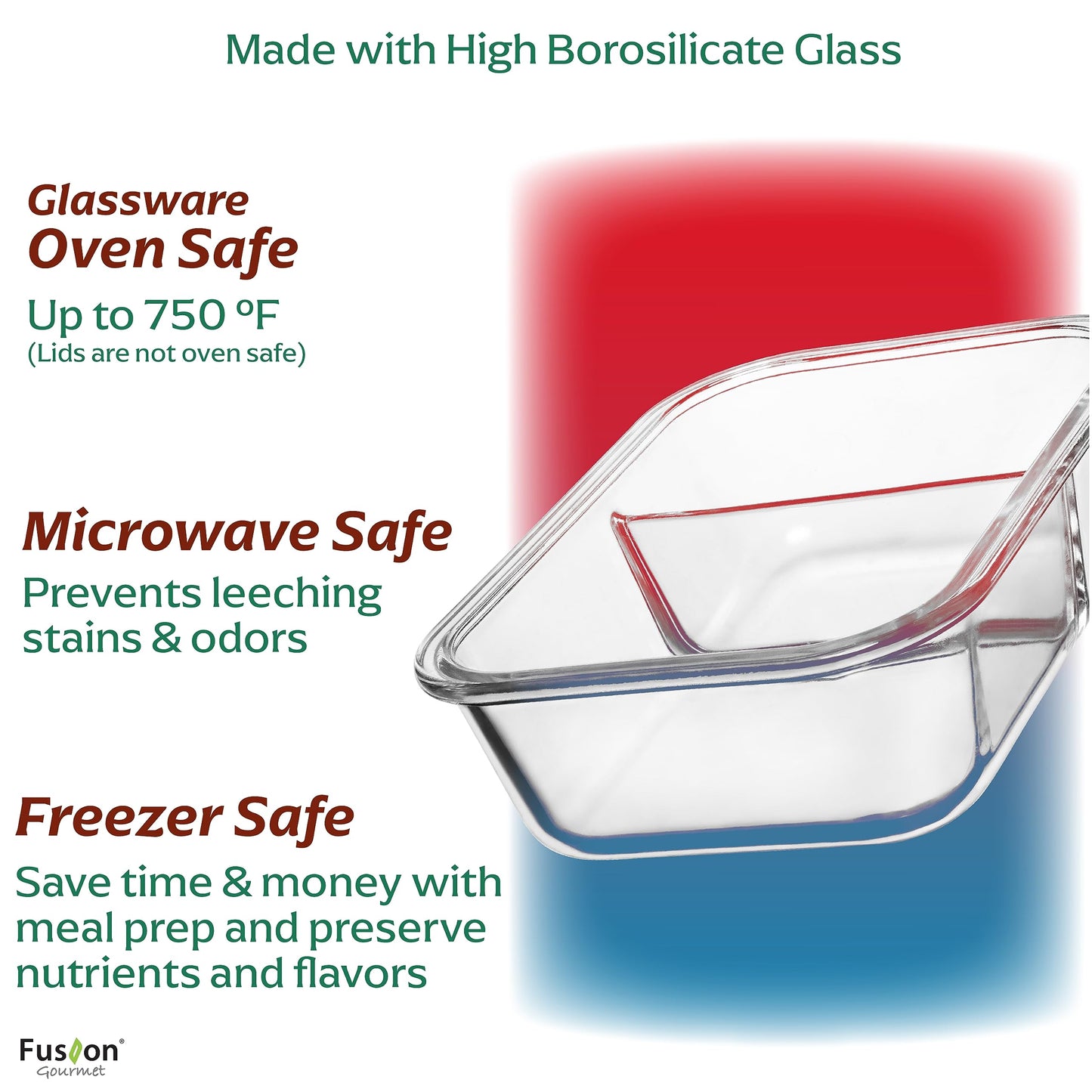 Fusion Gourmet Glass Meal Prep Containers with Lids [8 Pack, 33 oz & 4.5 oz] - 2 Compartment Divided Glass Bento Boxes for Adults, Oven Safe & Airtight
