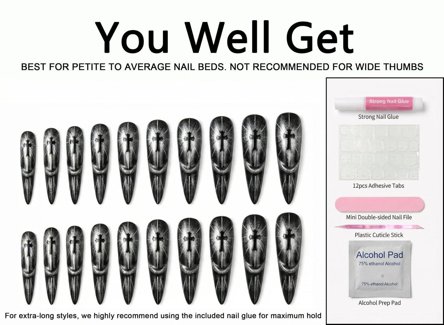 Handmade Gothic Press On Nails 1.6in Ultra Long Stiletto (Narrow Fit for Petite/Average Nail Beds) - 3D Silver Cat Eye Black Fake Nails, Reusable Y2K Stick On Nails 20Pcs