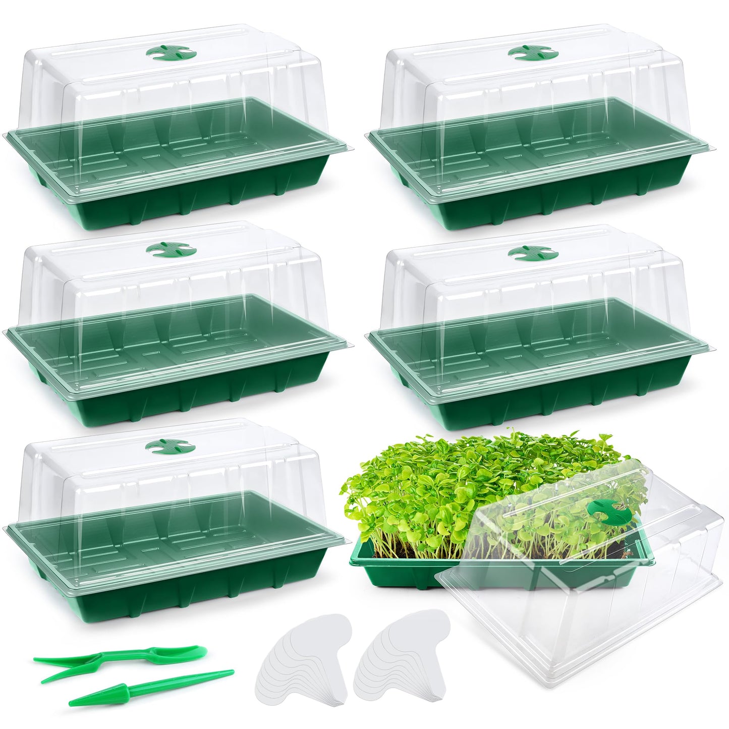 Hahood 6 Packs Seed Starter Tray Kits with Humidity Dome, Plastic Germination Growing Trays with Plants Labels Planting Tools for Seeds Growing Starting, Germination Seedling Propagation, Green