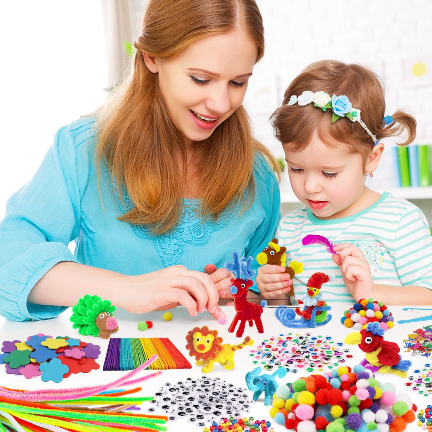 DOITEM Pipe Cleaners Craft Supplies, 1500+Pcs Arts and Crafts Supplies Including Pipe Cleaner Wiggle Googly Eyes Pom Poms Feathers Sticks Sequins Foam Flowers Papers Felt Stickers