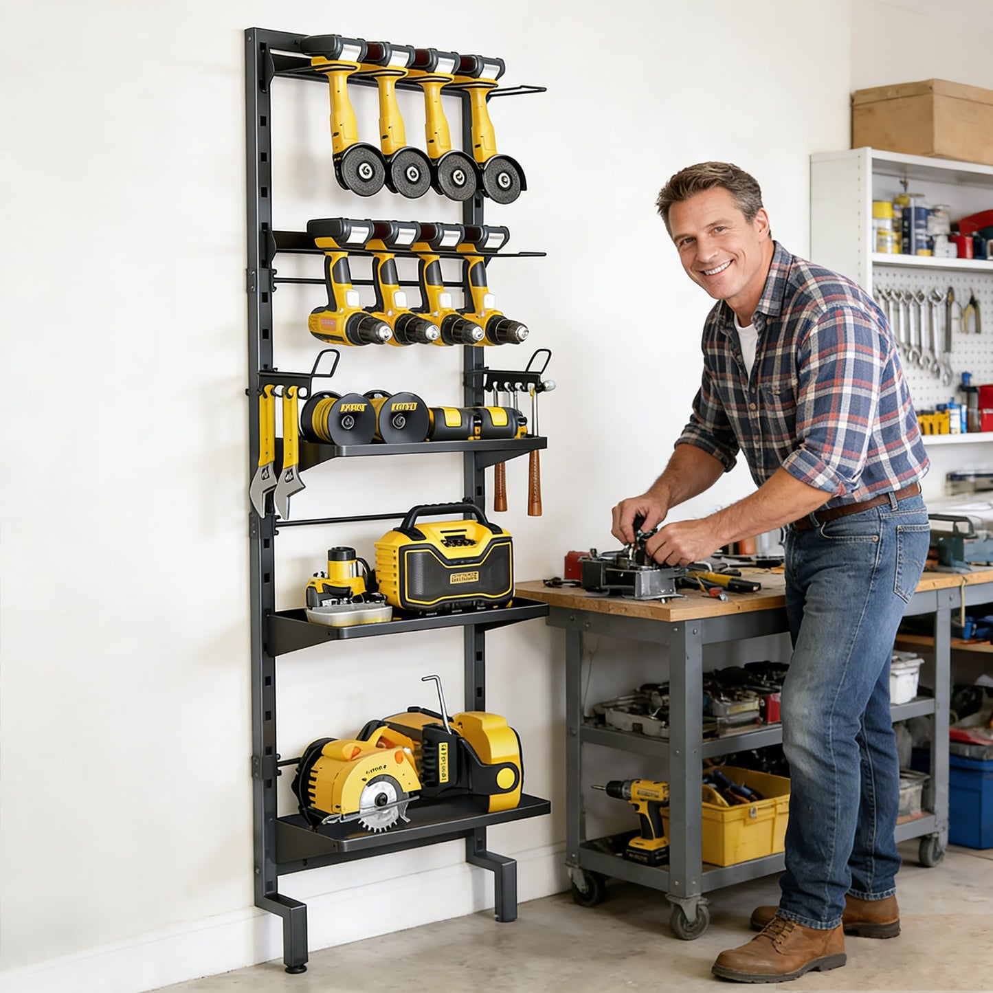 BUKFEN Garage Tool Storage Rack, Wall Mount 5-Tier Heavy Duty Metal Organizer with 8 Drill Holder Slots, Adjustable Shelves, Side Hooks Workshop Utility 1 Pack Black Vertical Space-Saving Organization