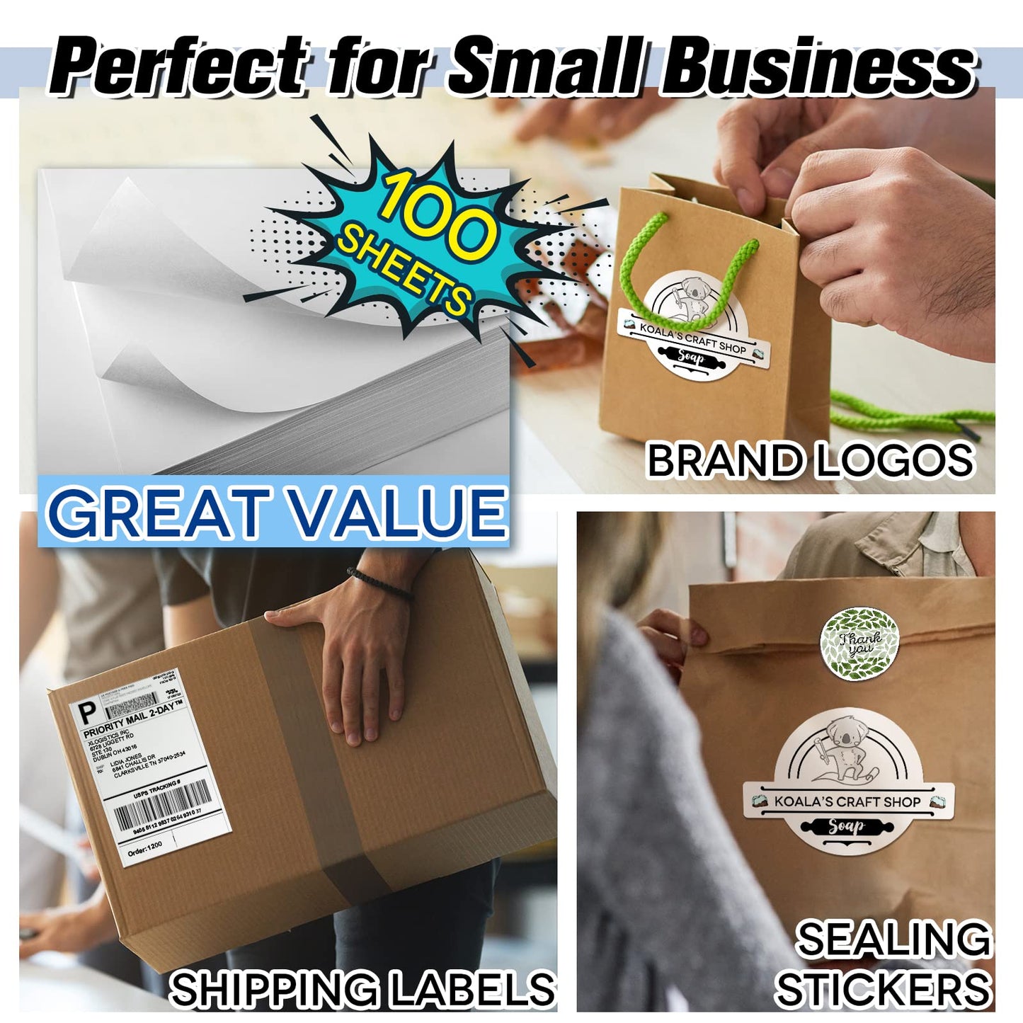 Koala 100 Sheets Sticker Paper for Regular Labels, Matte White, 8.5x11 Inch Printable Full Sheet Label Paper for Inkjet & Laser Printers