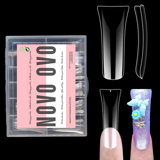 NOVO OVO 240 pcs Extra Long Duck Nail Tips Full Cover for Acrylic, Clear XL XXL Flare Feet Nails Press On, Y2K Vibe Wide French Soft Gel False Nail Extension for Art Salon x 12 Sizes in Box