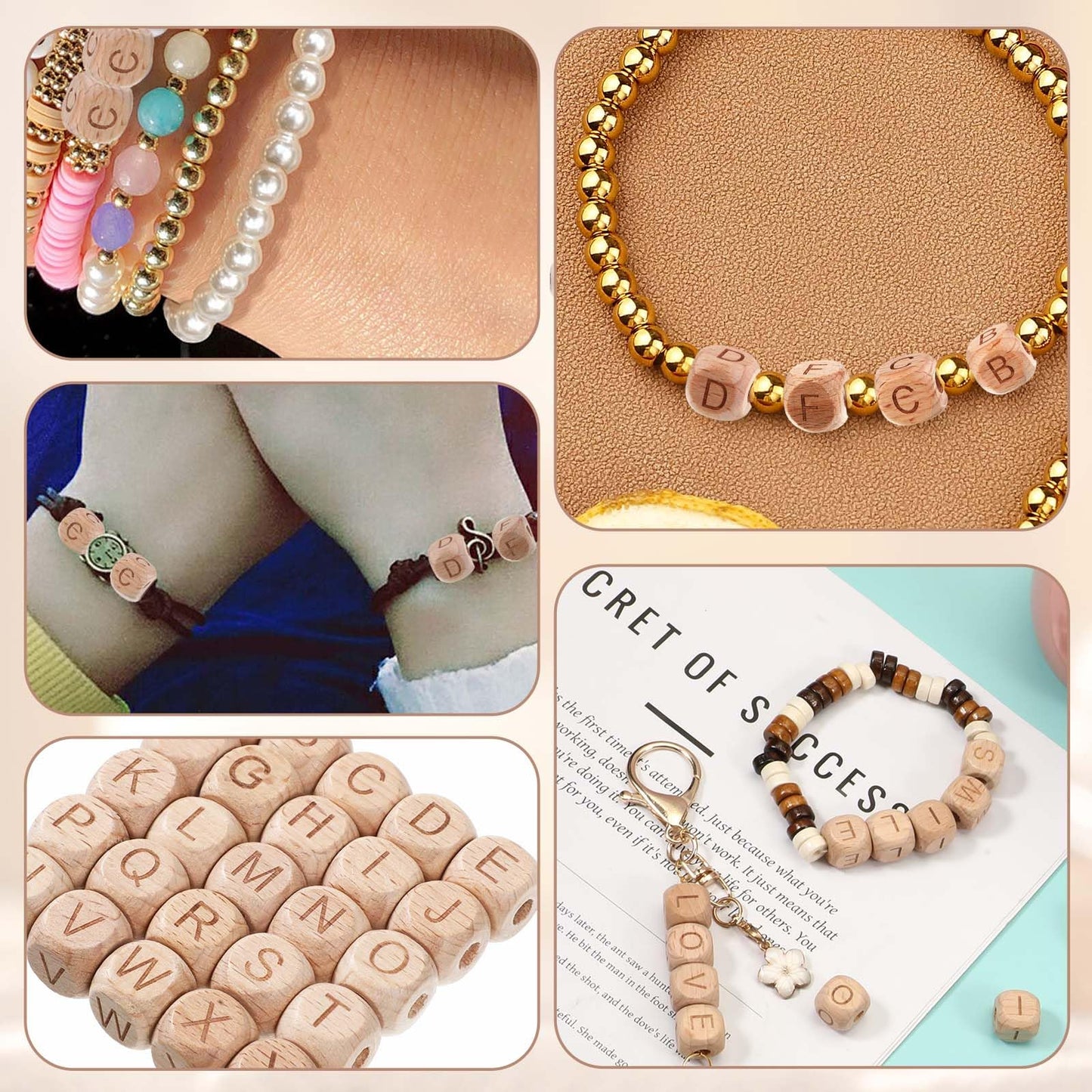 260pcs Wood Letter Beads for Bracelets 12mm Natural Square Wooden Beads A-Z Sorted Wooden Loose Letter Bead Cube Bead Bulk for Jewelry Bracelet Making