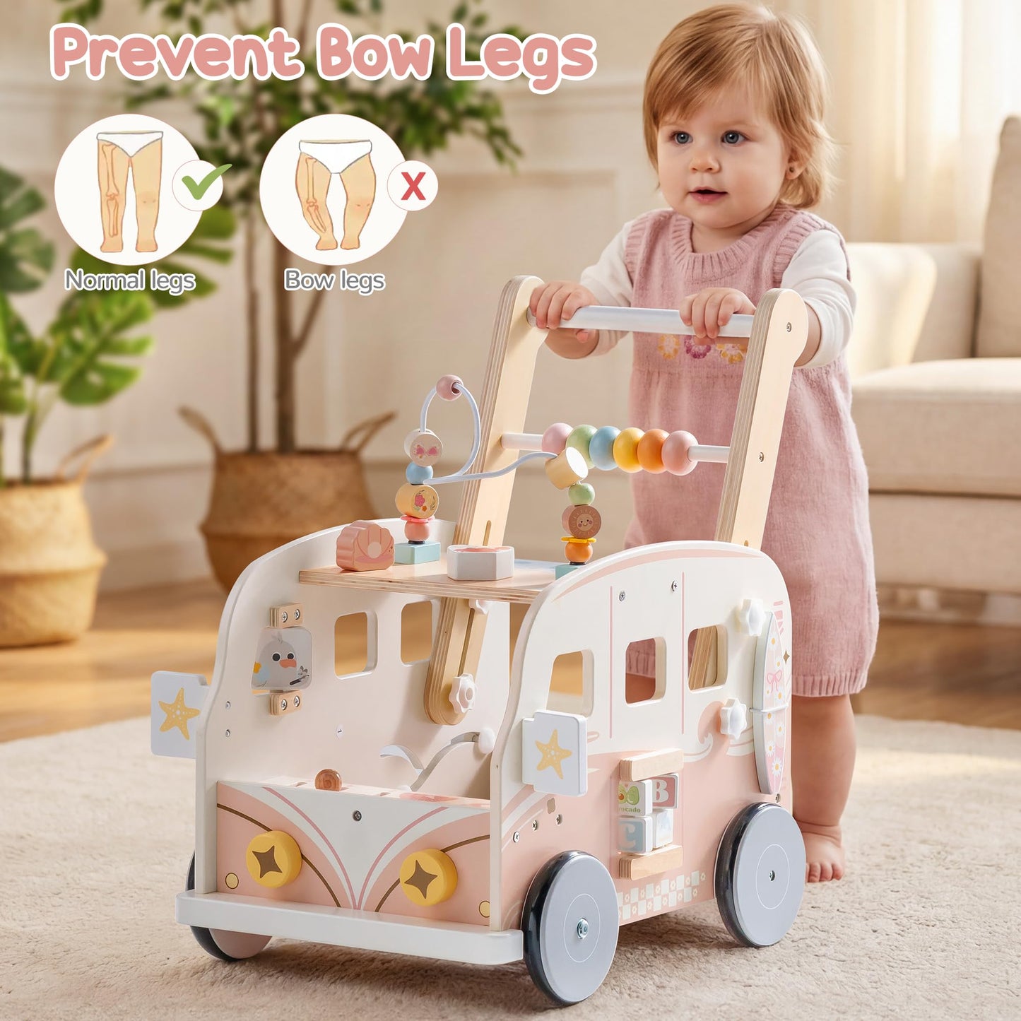 ROBOTIME Wooden Baby Walker, Baby Push Walker, Activity Center Toys, Ajustable Speed Multi-Functional Baby Walker with Wheels for Babies Learning to Walk (Pink)