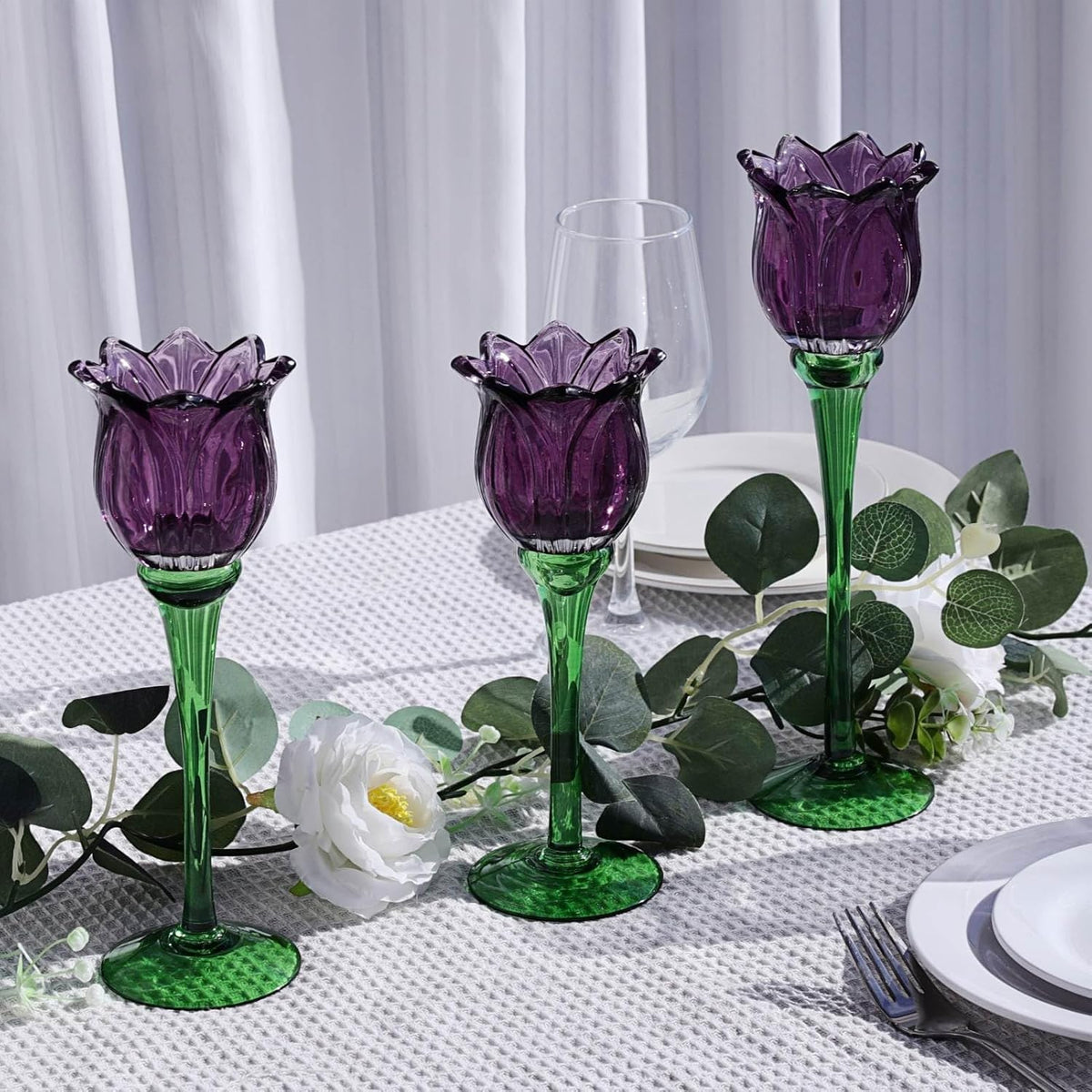 VOHO 6pcs Purple Tulips Candle Holders Gifts for Halloween, Thanksgiving, Easter, Elegant Purple Tealight Candle Holder for Modern Room Decor, Glass Tulip-Like Tea Lights Holder Wedding Holiday Table