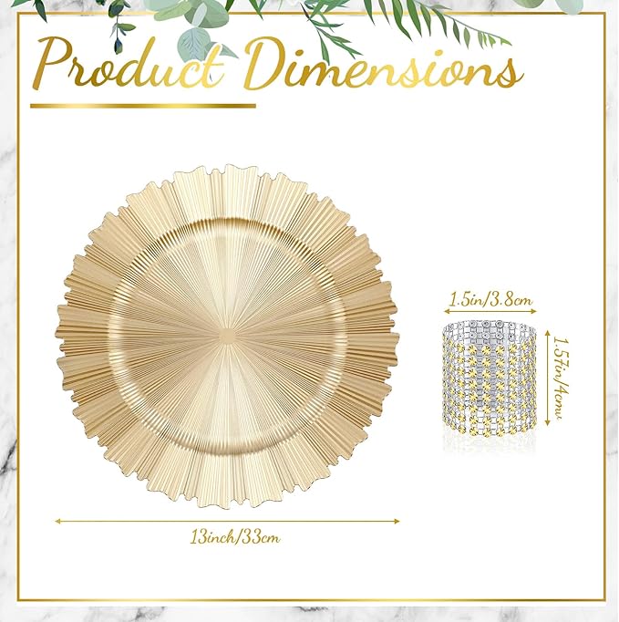 Tanlade 12 Set Light Gold Charger Plates Bulk with Napkin Rings Plastic 13" Plate Charger Fluted Edge Wedding Decoration for Table Wedding Party Event(Gear)