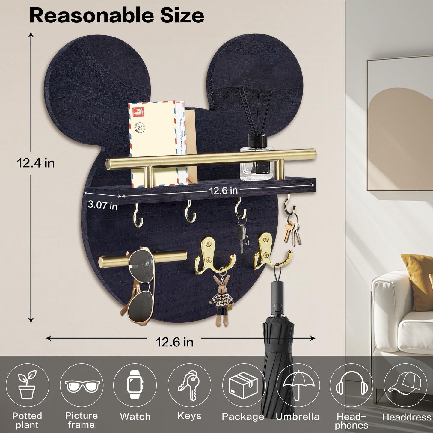 AIRPOP Key Holder for Wall–Mouse Wooden Mail Organizer Wall Mount with Shelf and 6 Hooks, Easy Installation Key Rack Hanger for Entryway Living Room Home Decor (Black)