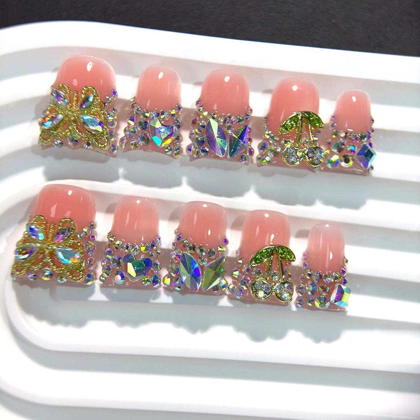 Handmade Press on Nails Luxury 3D Crystal Short Duck False Nails with Gold 3D Butterfly Designs Reusable French Tip Fake Nails Sparkly Pink Acrylic Stick on Nail for Women DIY 10Pcs(Size M)