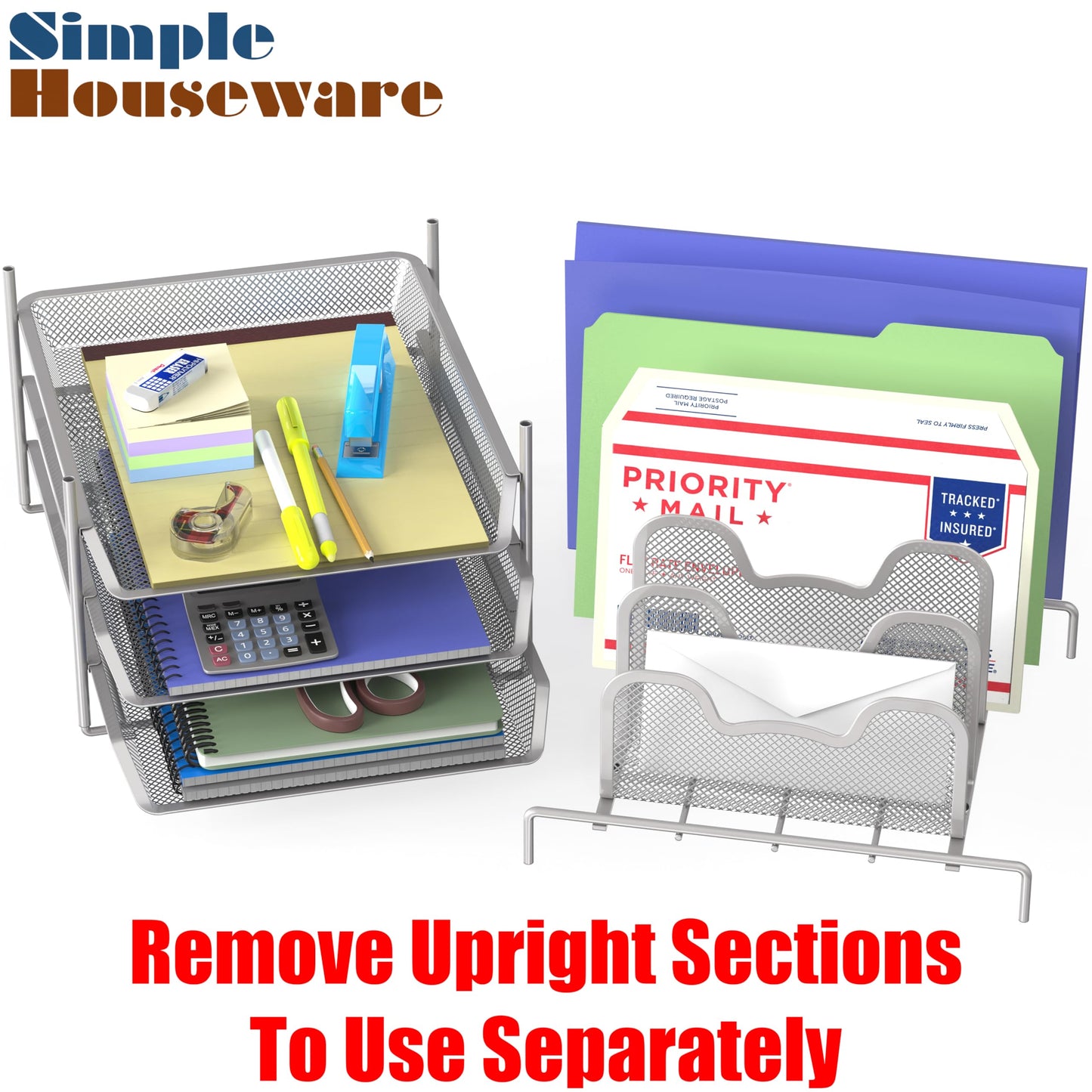 Simple Houseware Desk Organizer with 3 Sliding Tray and 5 Stacking Sections, Silver