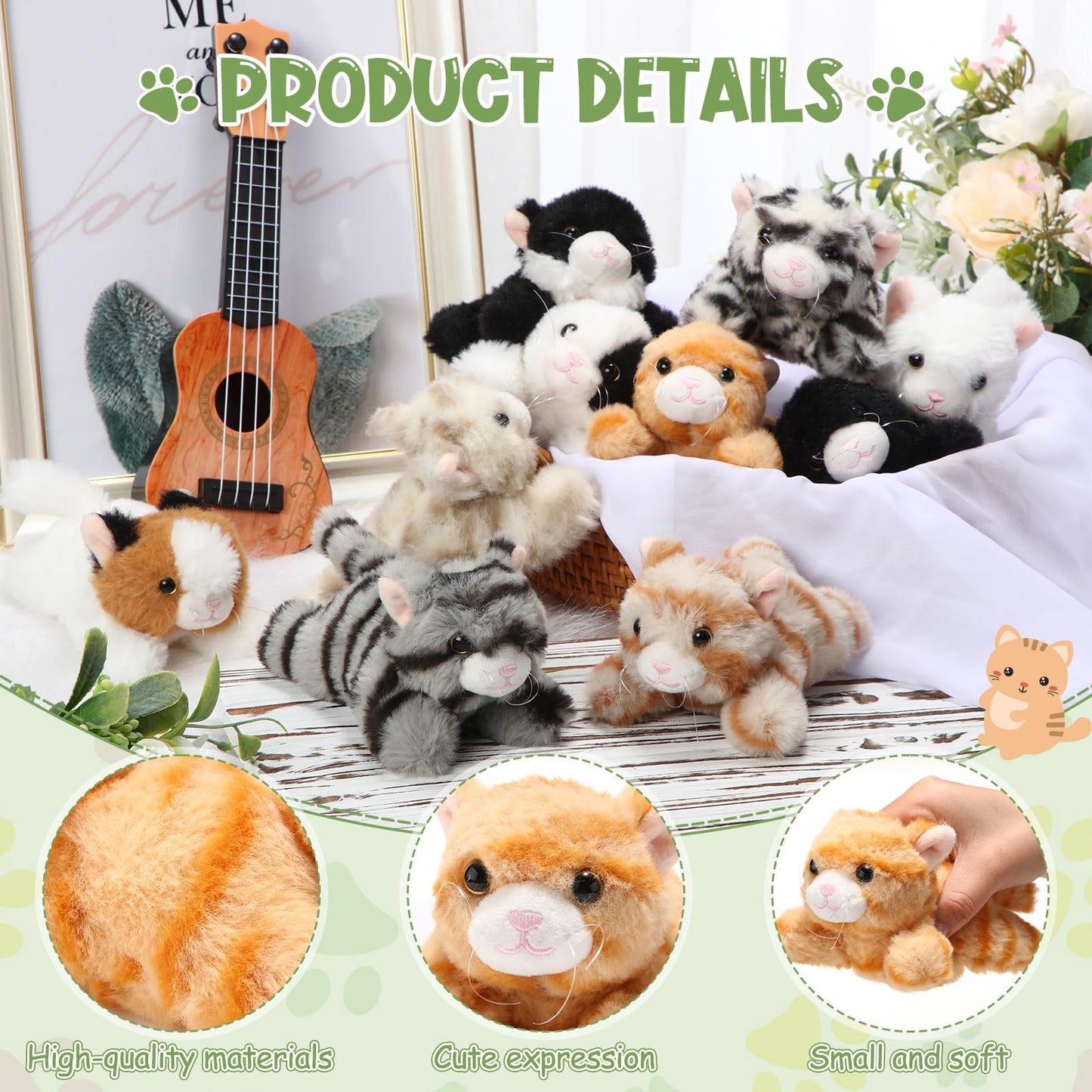 Lenwen 10 Pcs Cat Stuffed Animals Bulk Soft Cuddly Kitten Plush Sets Kittens Assorted Fluffy Stuffed Cats for Kiddos Birthday Gift Pet Party Favors Stuffers(Prone Style)