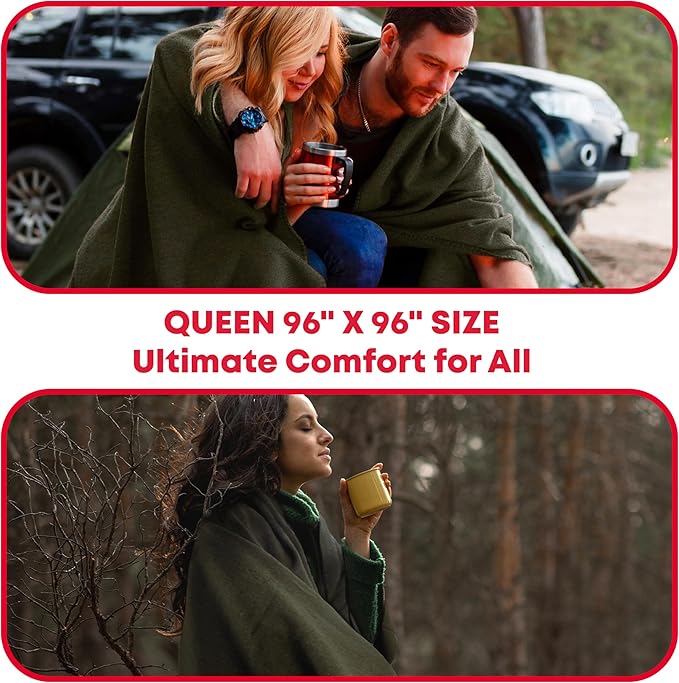 Military Wool Blanket - 95% Wool, Washable, Perfect for Outdoors, Picnics, Travel, Car & Bushcraft Emergency Blanket, 96" x 96" 6.65 lbs. - Olive Drab Green - Queen Size