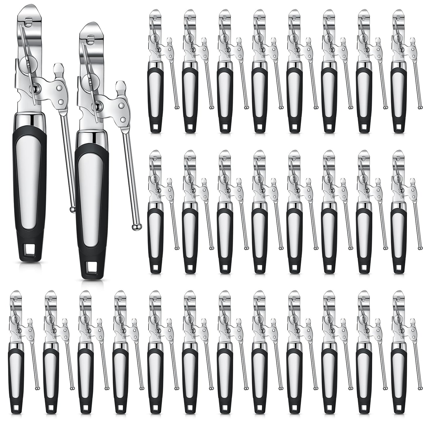 Gisafai 30 Pcs Can Opener Manual Bulk Smooth Edge with Sharp Blade and Soft Non Slip Grip Handle Heavy Duty Handheld Safety Can Opener, Black and Silver