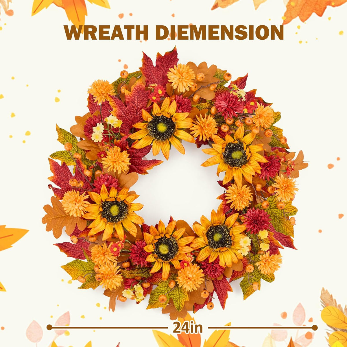 GENMOUS 24 Inch Fall Wreaths for Front Door, with Mini Pumpkin Skewers- Sunflower Wreath, Autumn Fall Decor Maple Leaf Daisy Thanksgiving Halloween Home Party Fall Decoration Indoor Oudoor