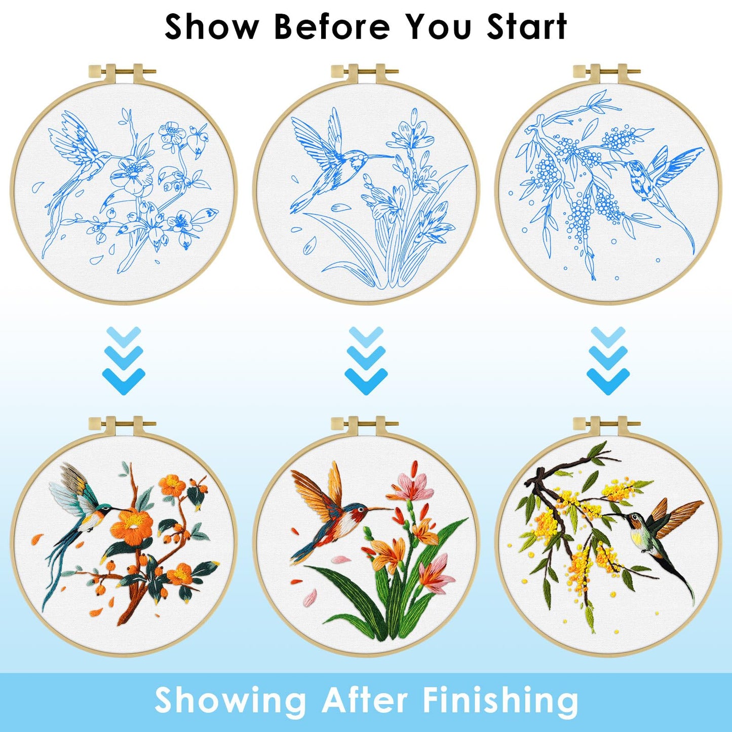 ERKOON 3 Sets Embroidery Kit, Hummingbird Cross Stitch Set for Include Embroidery Cloth Hoops Threads for Craft Lover Hand Stitch (Hummingbird)