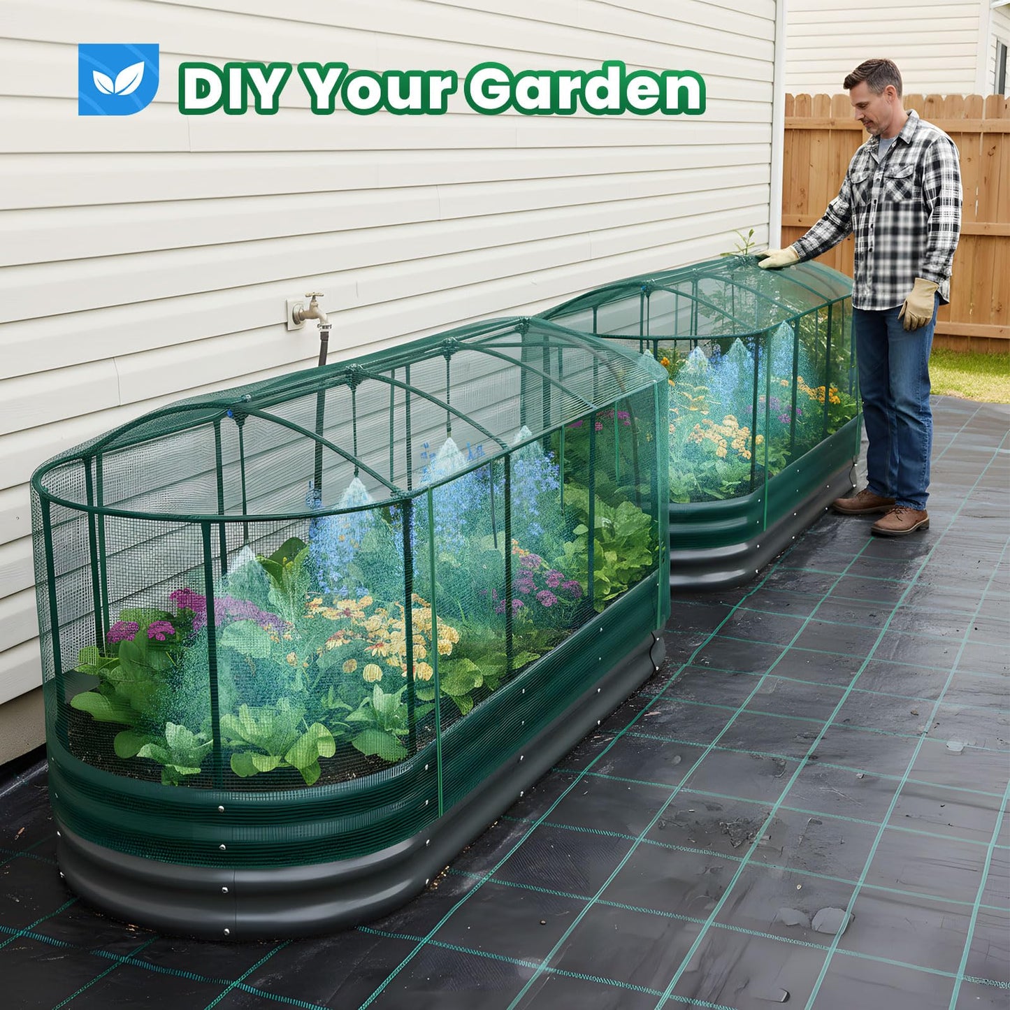 Quictent Galvanized Raised Garden Bed Kit with Self Watering System and Mesh Cover, Large Oval Metal Outdoor Planter Garden Boxes for Vegetables Herbs Flowers, 8x3x1Ft