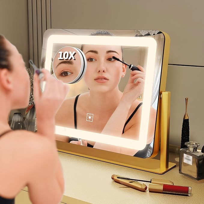FENNIO Vanity Mirror with Lights, 12" x 16" Lighted Makeup Mirror with Smart Touch Control, 3 Color Modes & Brightness Adjustable, LED Makeup Mirror with 10X Magnification, 360° Rotation （Gold