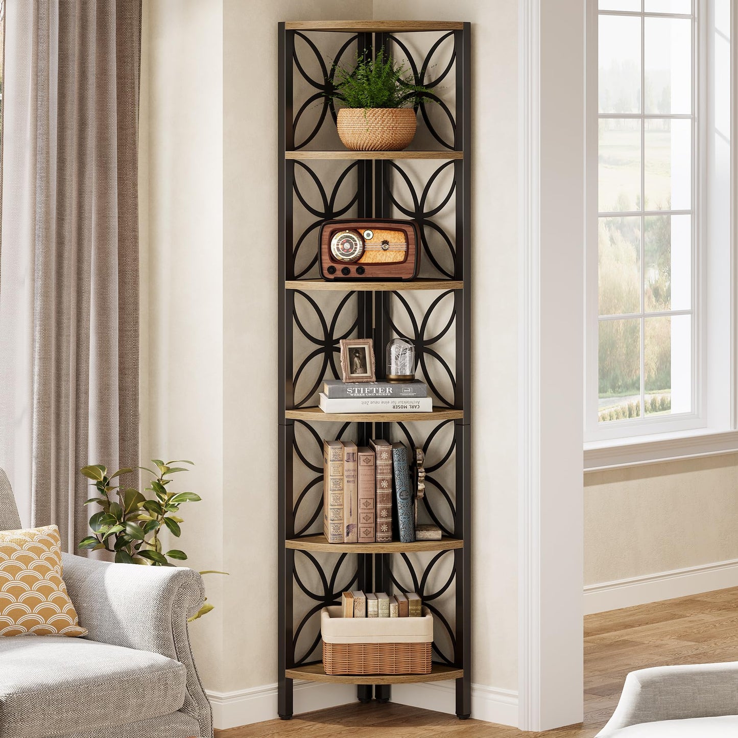 Tribesigns 6-Tier Corner Shelf, 70.9" Rustic Corner Bookshelf Display Shelf for Living Room, Wooden Shelving Unit Plant Stand Storage Rack for Bedroom, Bathroom, Small Space, Rustic Brown