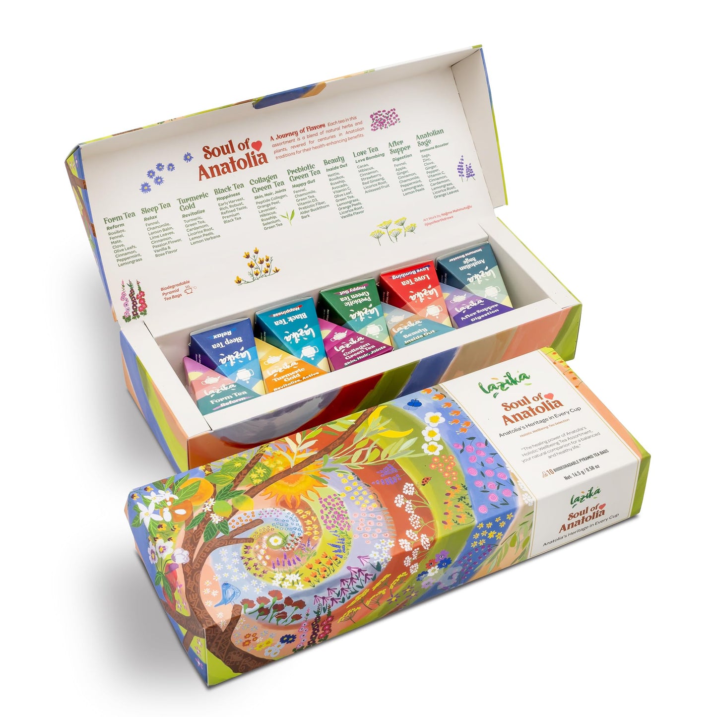 Lazika Tea Sampler with Lovely Presentation Box, 10 Counts, 2 of Each Blend Individually Wrapped, Black, Green and Herbal Tea Variety Gift Set, Premium Collection with Pyramid Infuser Bag, Handcrafted