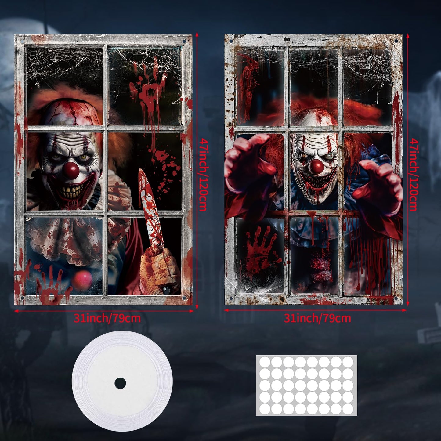 Hxezoc 2 Pack Halloween Window Decorations Scary Spooky Clown Window Backdrop Poster for Halloween Window Door Wall Cover Decoration Supplies