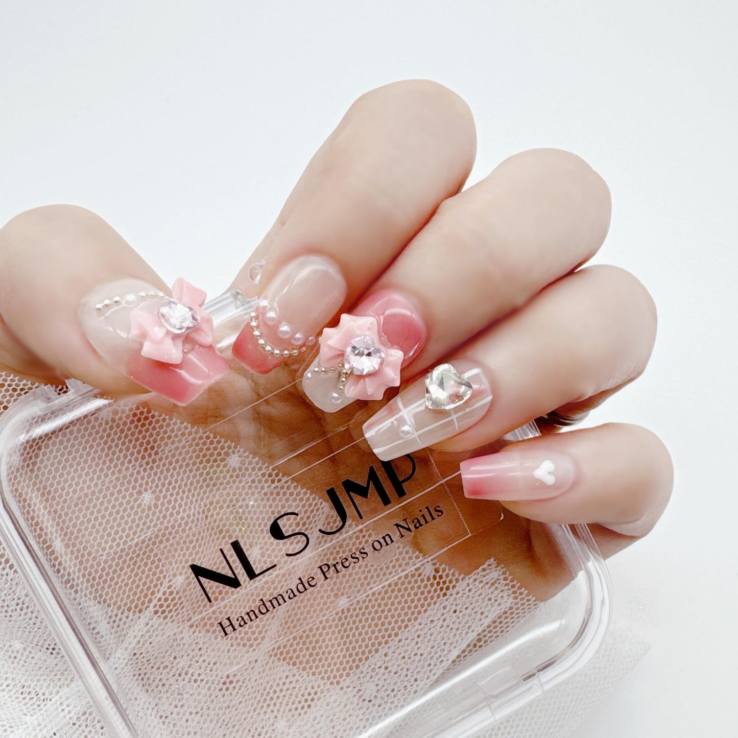 NLSJMP,10Pcs,Size M,Pink bow, Handmade Medium Length Press on Nails Acrylic Fake Nails Kit,3D Rhinestone Pearl Design Nail Art Kit,Reusable False nails,Include Toolkit