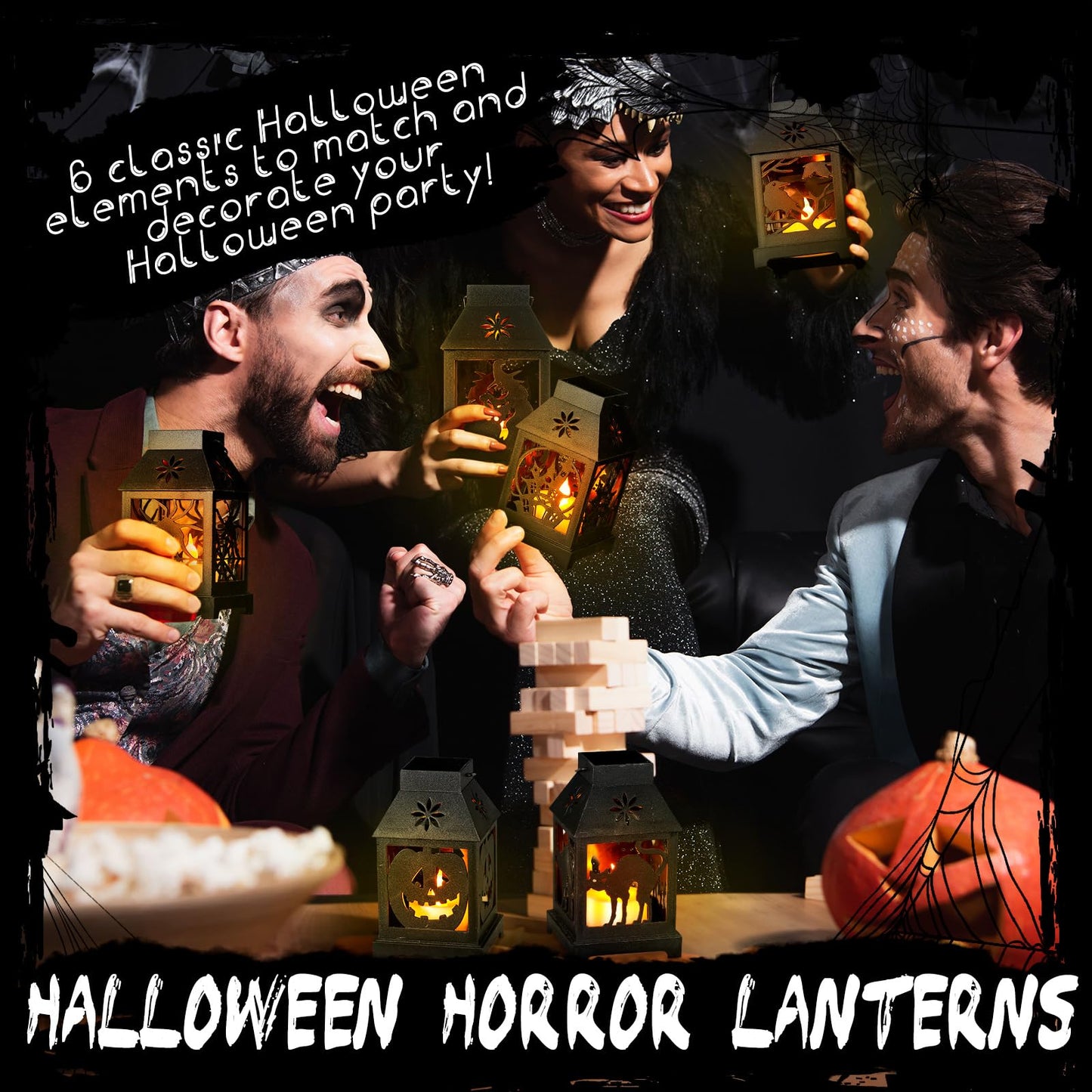 Tujoe 6 Pcs Halloween Mini Lantern with Flickering LED Candles 4.5 Inch Halloween Lantern Decoration Bulk Decorative Hanging Spooky Halloween Lanterns for Indoor Outdoor Party Halloween Decoration