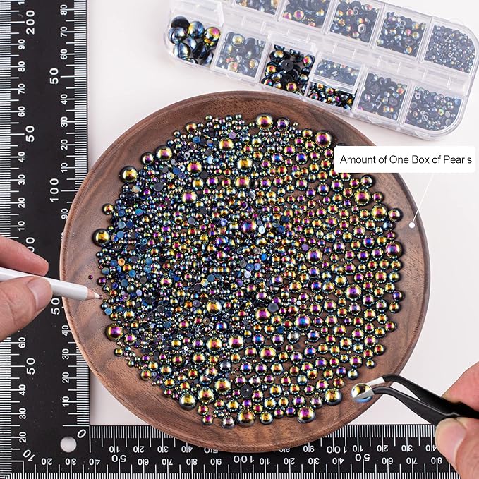 4000PCS Flatback Rhinestones and Half Round Pearls Kit #5, Multi Size Glass Clear & AB Crystals, Plastic Flat Back Black AB Dome Bead with Pickup Pencil and Tweezer for Nail Art