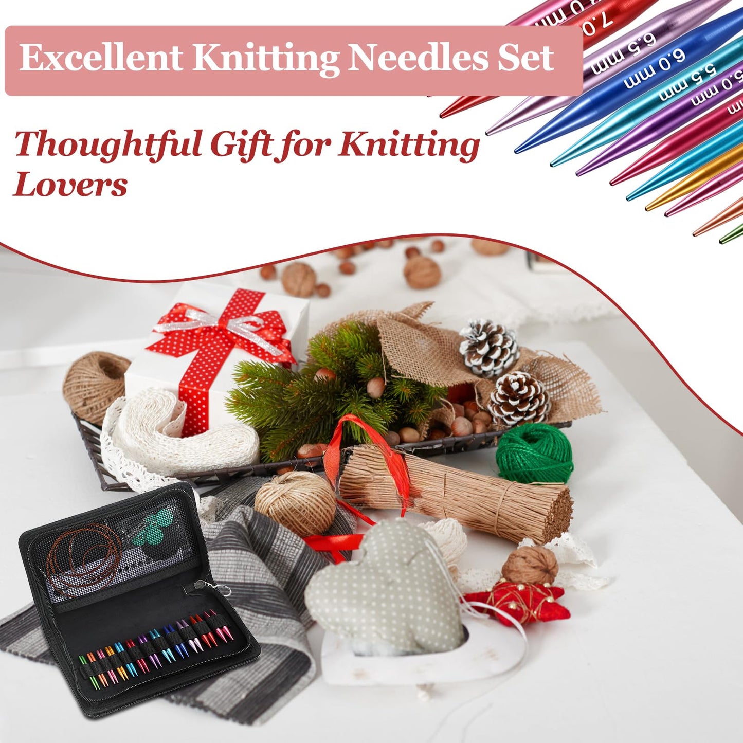 Hoowen Short Interchangeable Knitting Needles Set, 2-Inch Metal Circular Knitting Needles Kit for Beginners, 12 Pairs, Size US 2.5, 3, 4, 5, 6, 7, 8, 9, 10, 10.5, 11 with Case, Cables & Accessories