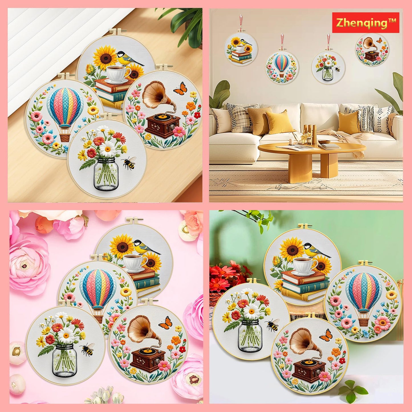Zhenqing 4-Piece Embroidery Kit for Beginners - Complete Set with Pre-Printed 29x29cm Cotton Fabric, Hoop, Threads & Tools (Books, Hot Air Balloon, Wildflowers, Gramophone Designs)(C0159)