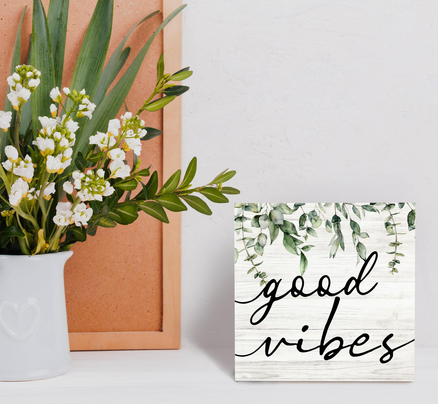 SRADMO Botanical Eucalyptus Leaves Wood Box Sign Desk Decor, Rustic Eucalyptus Leaves Wooden Block Box Sign Decoration For Home Shelf Table Office Decor 6x6 inches