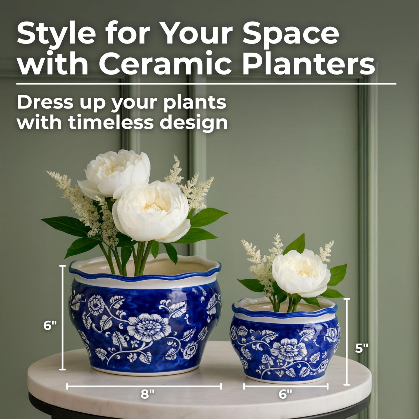 Set of 2 Round Chinoiserie Decorative Ceramic Planter Pots – Stoneware Outdoor & Indoor Plant Pots with Drainage – Modern Garden & Home Decor Planters – 6" & 5", Blue & White