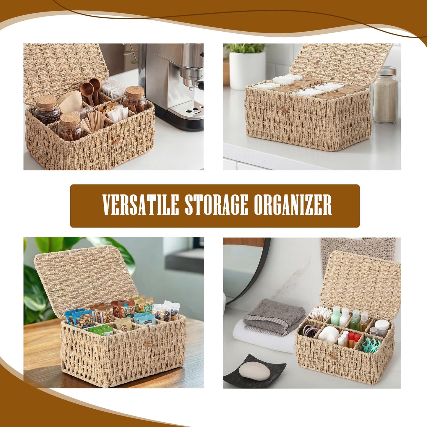 Sieral Tea Bag Organizer/Sugar Packet Holder with Lid 8 Compartment Paper Rope Woven Tea Storage Box for Chest Coffee Pill Condiment Organizer Wicker Divider Container for Countertop Drawer Shelf