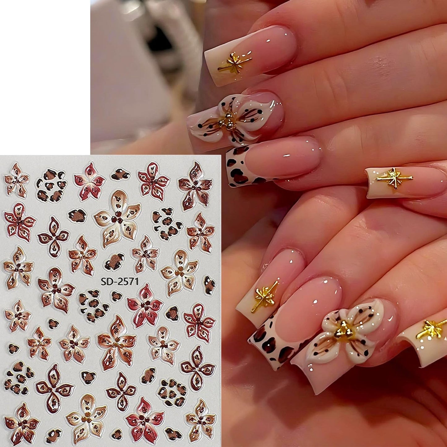 French Leopard Print Flower Nail Art Stickers 3 Sheets 5D Embossed Orchid Lily Cherry Blossom Floral Wild Leopard Print Press On Nails Decals Nail Charms Japanese Style Decorations Nail Stuff