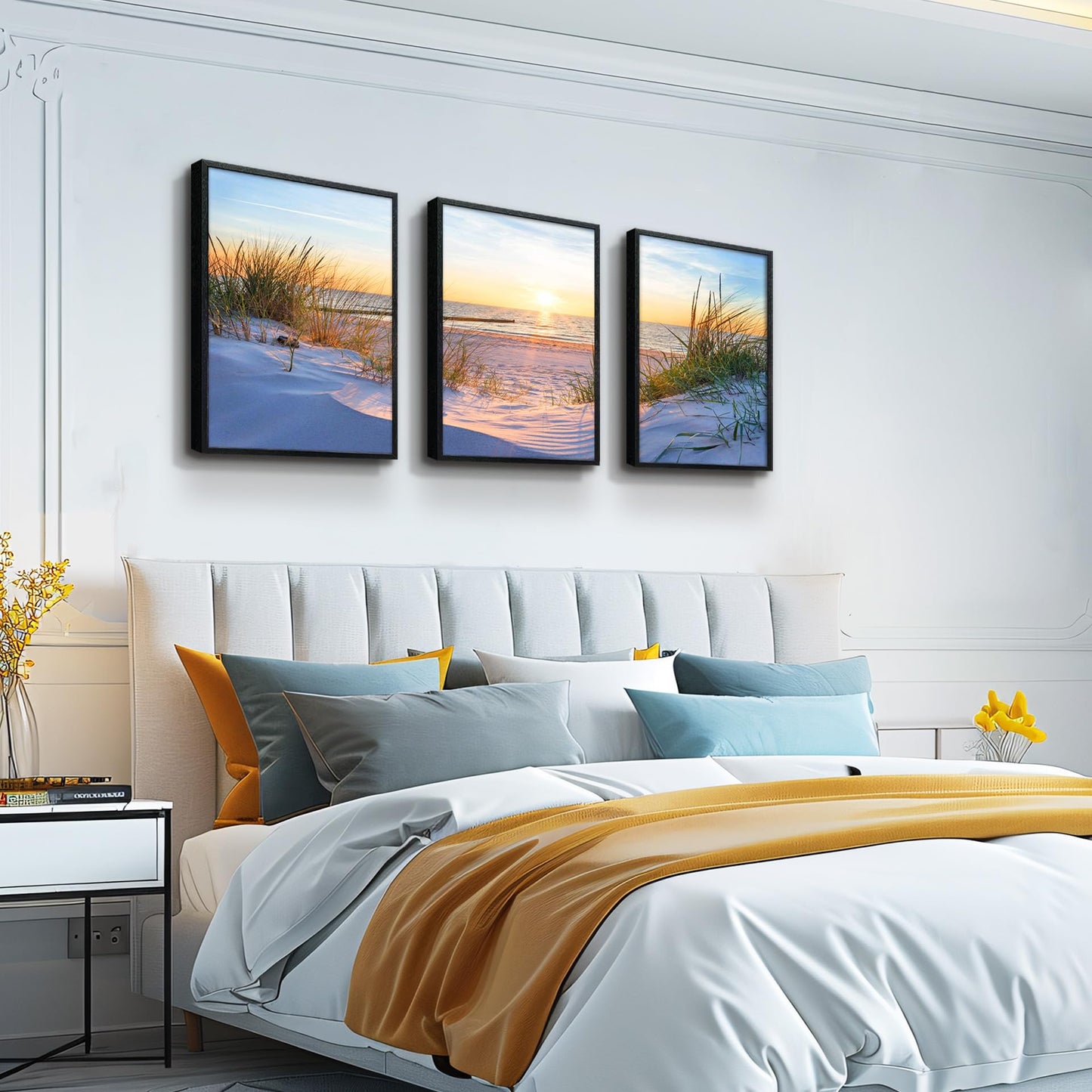 Black Framed Beach Wall Art Set - Blue Seascape Paintings for Living Room, Bedroom & Office - 12"X16" Each