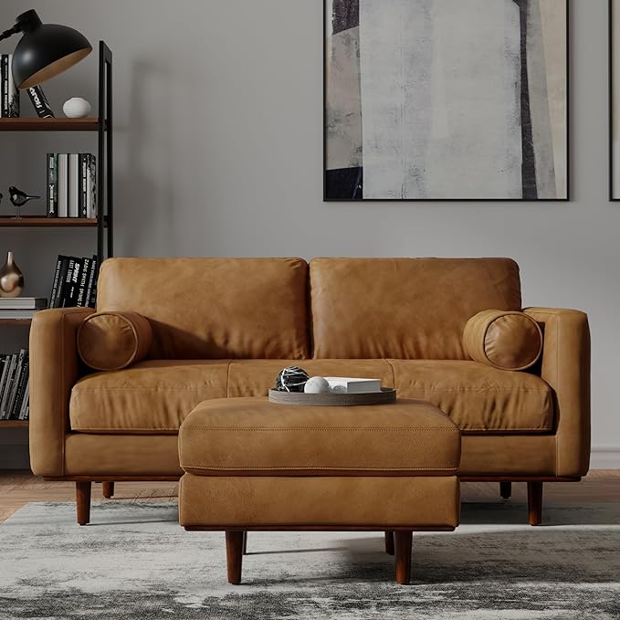 SIMPLIHOME Morrison Mid-Century Modern 72 inch Wide Sofa with Ottoman Set in Sienna Genuine Leather for the Living Room and Family Room