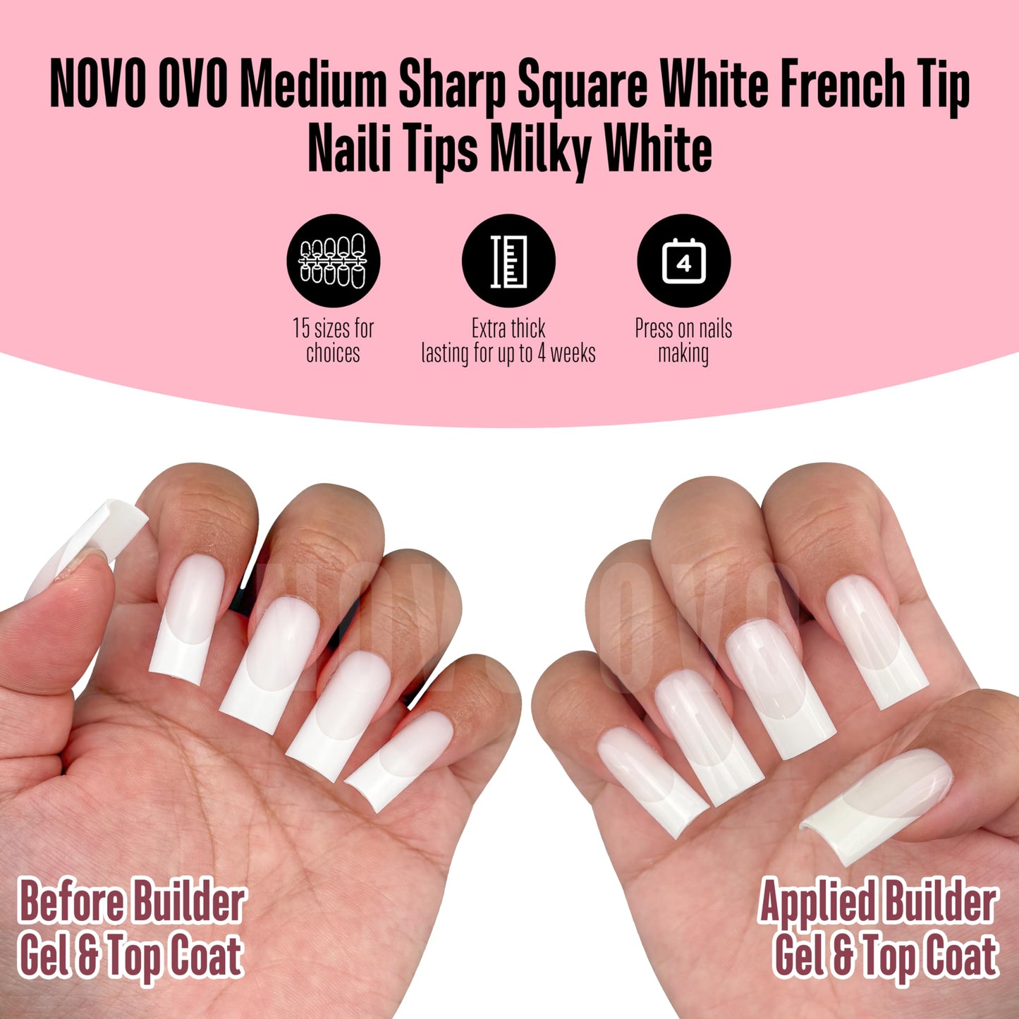 NOVO OVO Medium Square French Tip Nail Tips, Extra Thick Soft Gel Tips Full Cover, 180Pcs Milky White Pre-Etched False Nails (Need Builder Glue Gel & Top Coat), 15 Sizes Press on Nail Extension Kit
