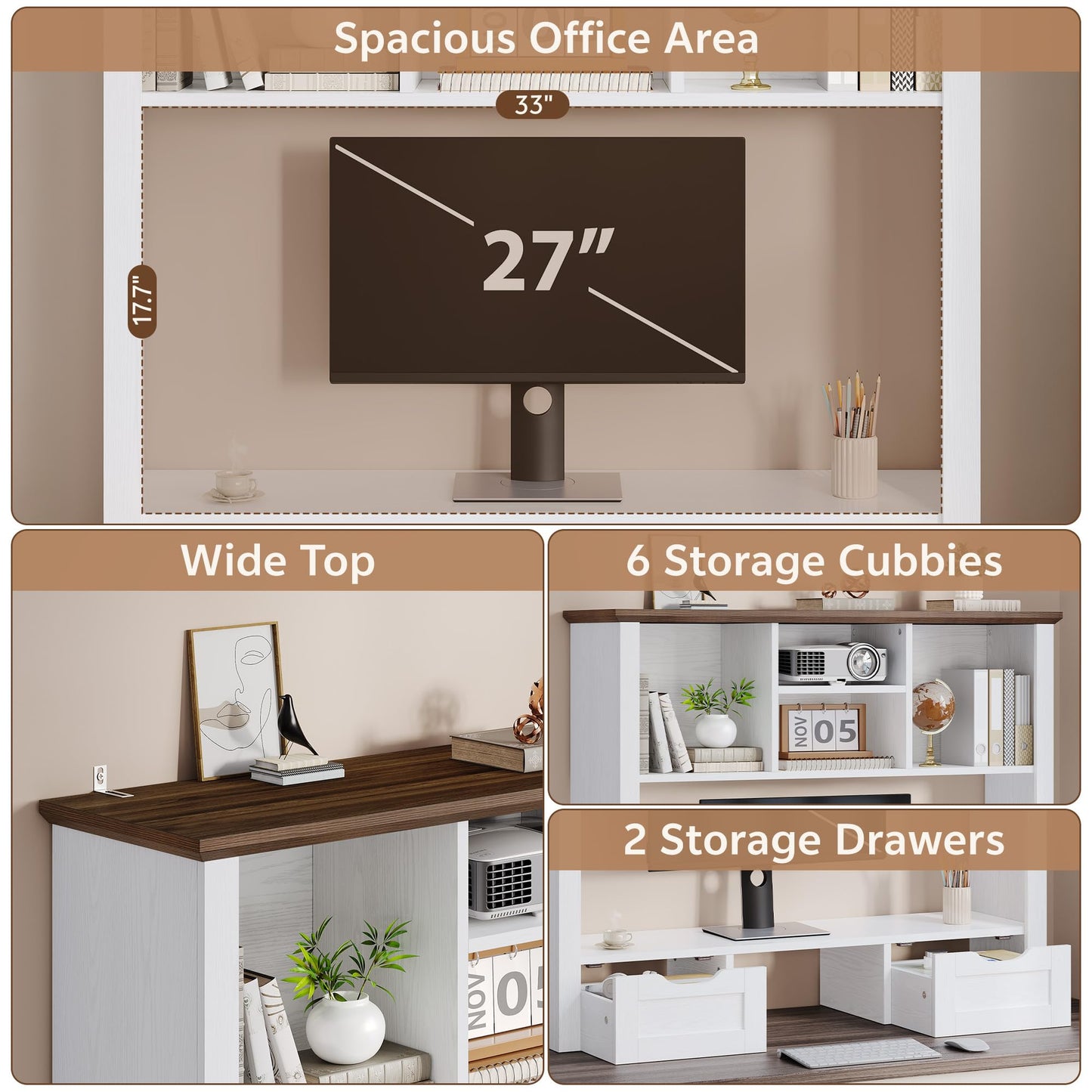 Homiflex Desk Shelf with Computer Monitor Stand, 37.4''W Desktop Bookshelf Display Rack, Desktop Organizer Storage Rack with Cubbies & Drawers, 5-Tier Hutch for Home, Office, Dorm, Vanity, White&Brown