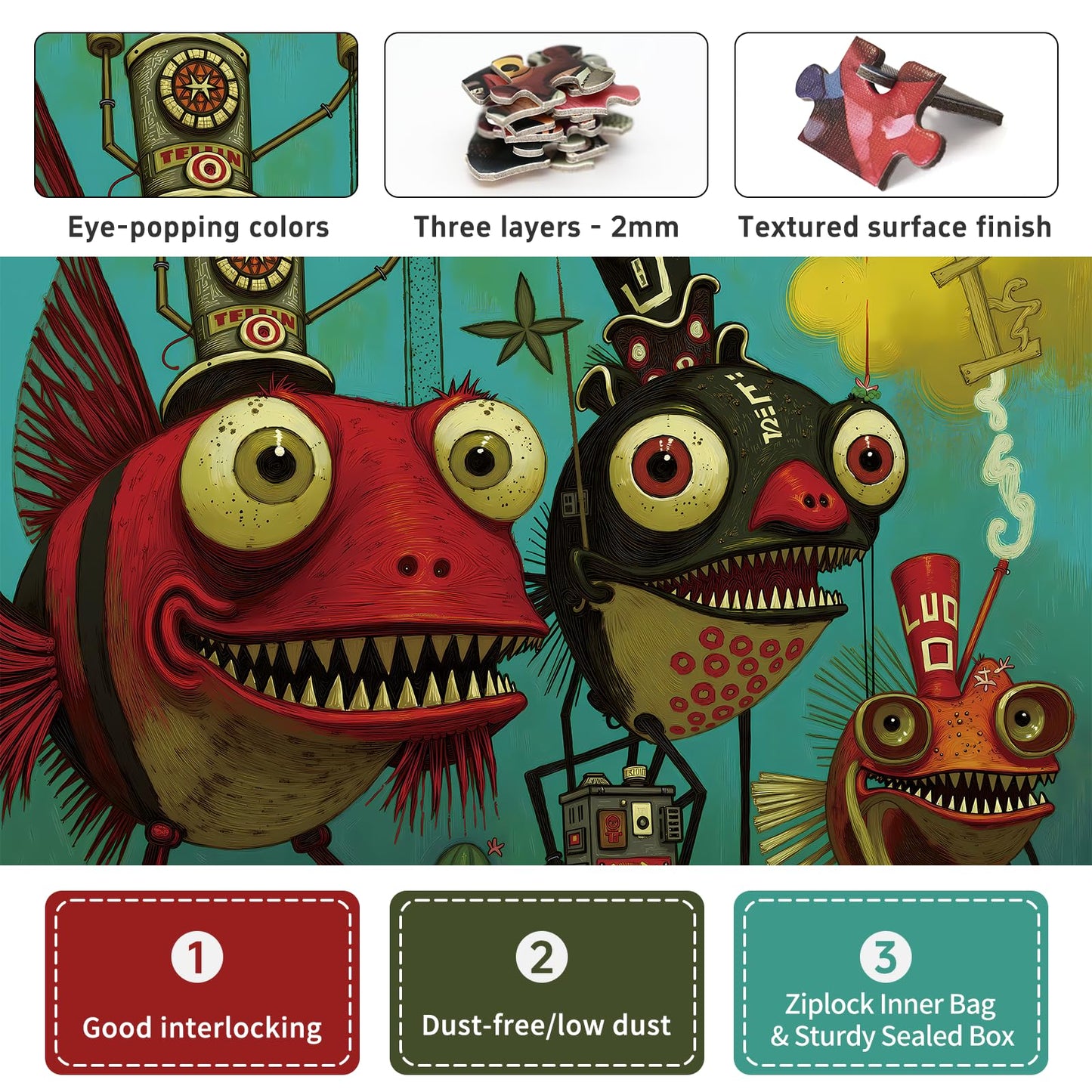 Naturelish 1000 Piece Puzzle for Adults, Quirky Piranha-Inspired Artwork with Unique-Shaped Pieces, Matte Texture, Color-Coded Backing, Challenging Gift for Puzzle Lovers 26.6 x 19.2 in